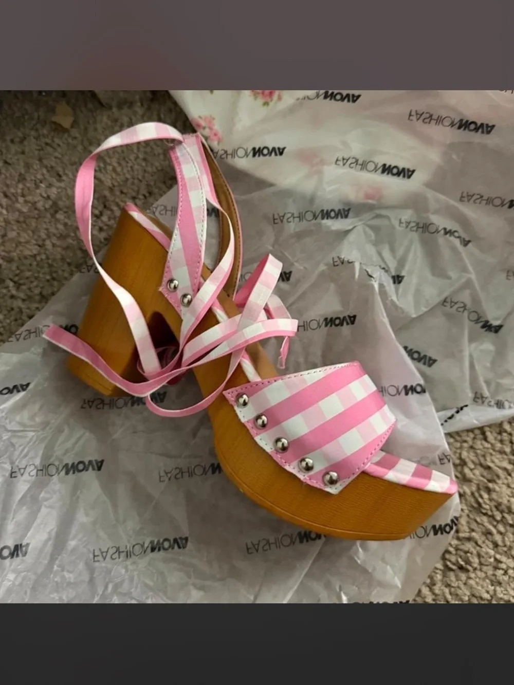 Fashion Nova Pink and White Striped Platform Ankle-Tie Sandal